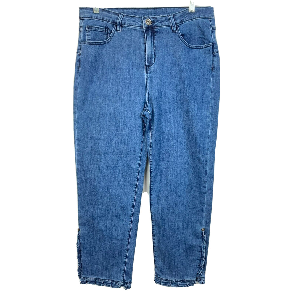 Soft Surroundings Womens Blue Crop Jeans Sz 12 Stretch Denim Straight Leg Ruffle